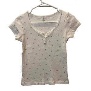 Brandy Melville Floral Henley T-Shirt White Cotton Made in Italy Fitted Baby Tee